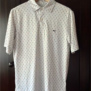 Vineyard Vines White Performance Polo with Red and Blue Pattern